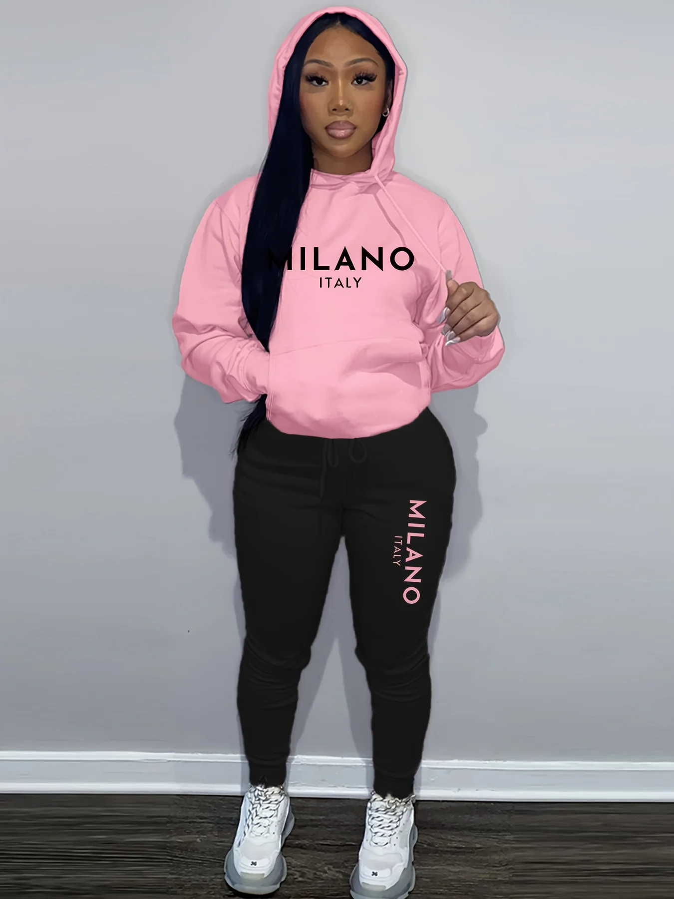

Женская осенне-зимняя толстовка с капюшоном + спортивные штаны, уличная повседневная одежда MILANO ITALY с буквенным принтом, модная и бархатная теплая одежда