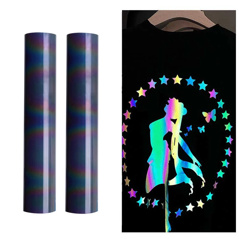 Rainbow Reflective HTV Vinyl 2 Rolls Heat Transfer Decor Film For T Shirts  25cm width 100cm Length Easy Cut To Weed Hot Press