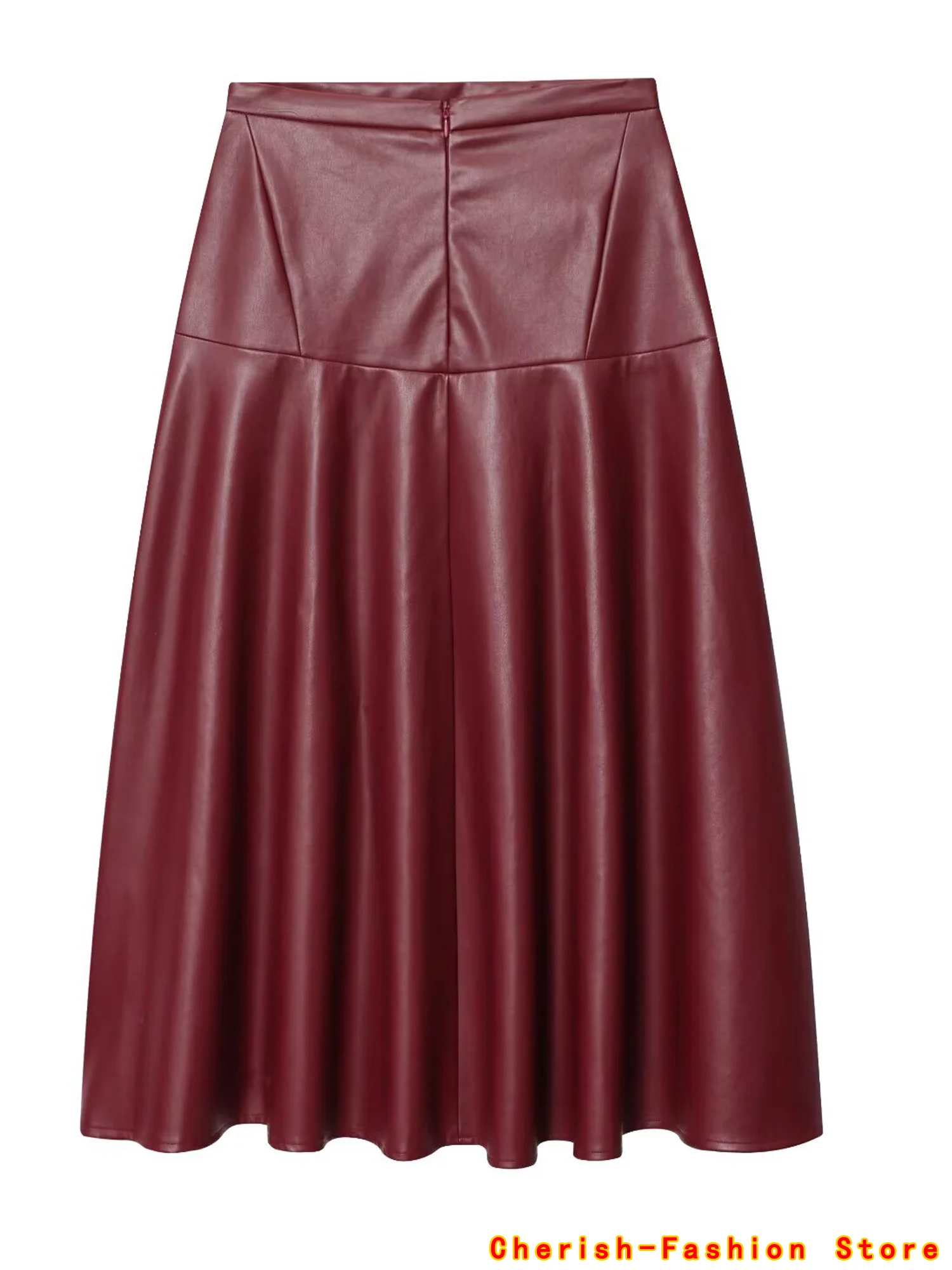 Autumn Winter High Waist Wine Red PU Leather Women's Ruffles Long Skirt Brand 2025 New Vintage Straight A-line Skirts Female Hot
