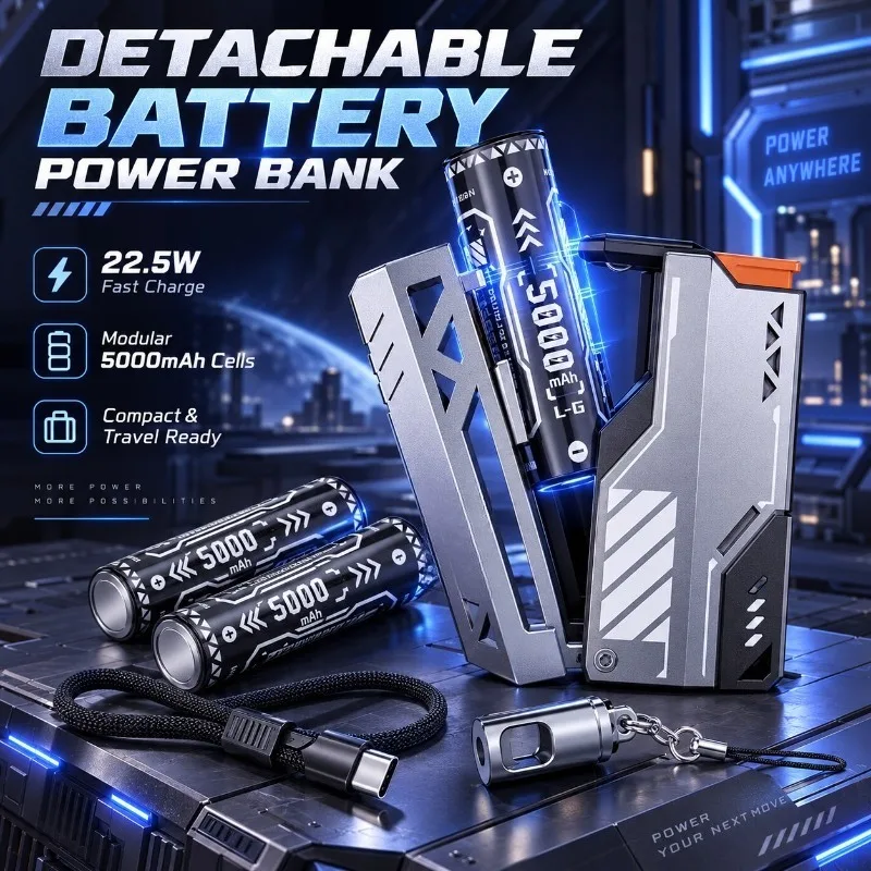 Mecha Magazine Power Bank, Detachable Replaceable Cell, 22.5W Fast Charge, 5000mAh Portable Powerbank with Built‑in Cable