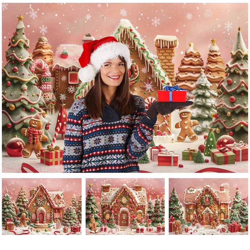 Christmas Backdrop Winter Pink Xmas House Window Snow Candy Gingerbread Kids Family Portrait Photography Background Photo Studio