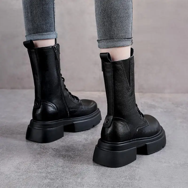 

Genuine Leather Mid-Calf Boots Cotton Lined Knight Style Heightening Thick Bottom Boots Fashionable Waterproof Platform