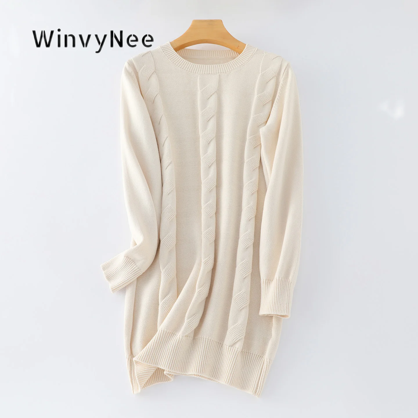 WinvyNee Women Pure Cotton Mid‑Length Cable Knit Crew Neck Knit Pullover Loose Sweater Fashion For Spring Autumn Wear A1092062