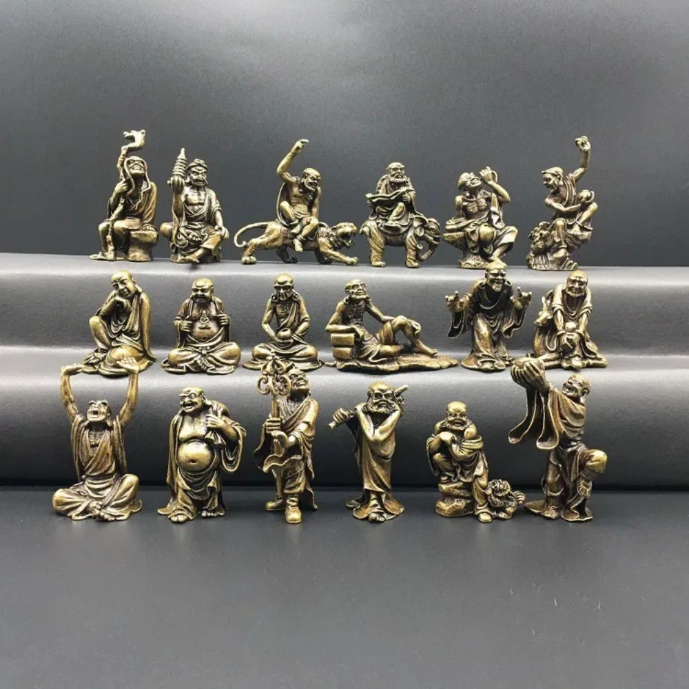 Set of 18 Mini Solid Brass Arhats Buddha Statues Vintage Monk Figurines Zen Home Office Decor Buddhist Gift