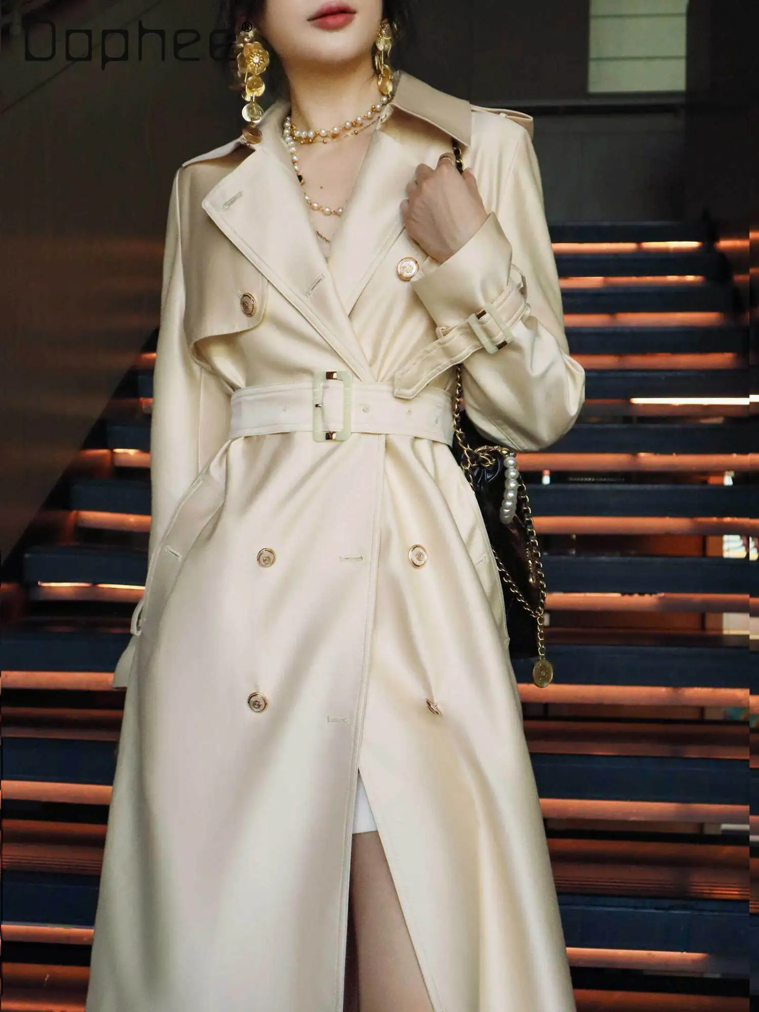 

High End Champagne White Socialite French Elegance Temperament Satin Slim A-line Trench British Style Elegant Trench Coat Women