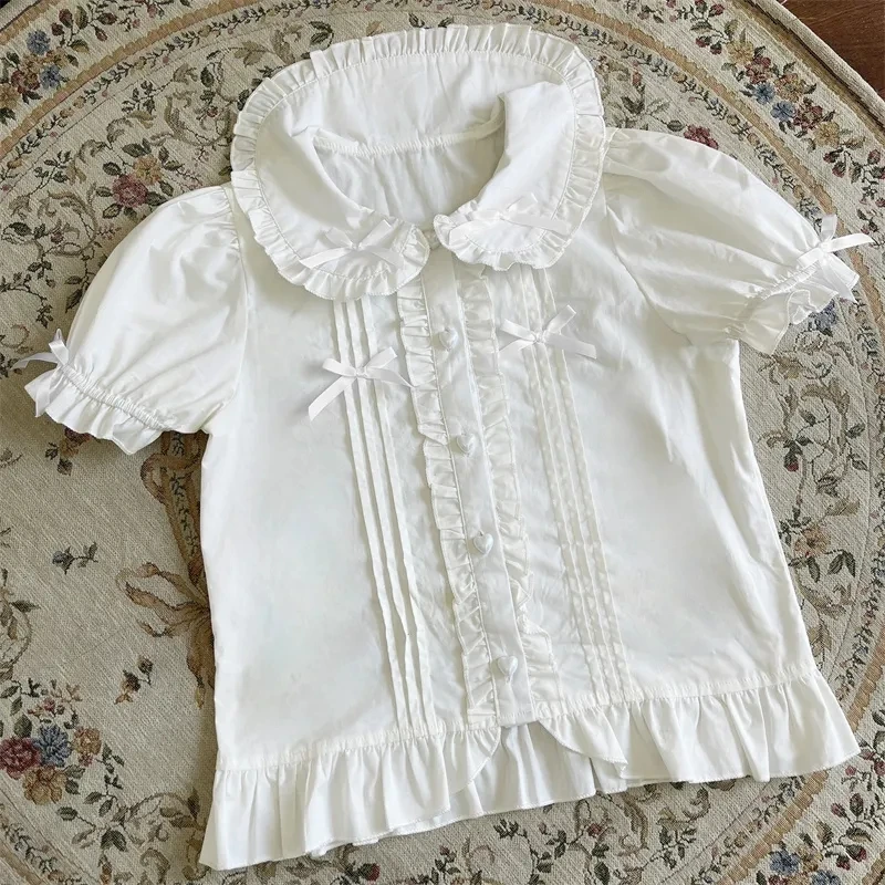 

Рубашка Лолиты, белые элегантные женские блузки в консервативном стиле, милые рубашки с воротником Питера Пэна и кружевом с рюшами JK, рубашки с длинными рукавами для девочек, Blusas Mujer