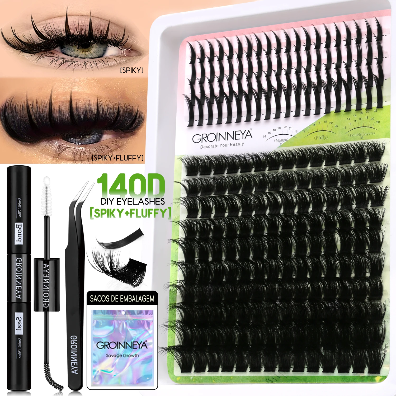 GROINNEYA Kit de cílios postiços DIY Conjunto de cílios postiços Manga Cluster Extensão de cílios postiços Conjunto completo de cílios individuais Maquiagem