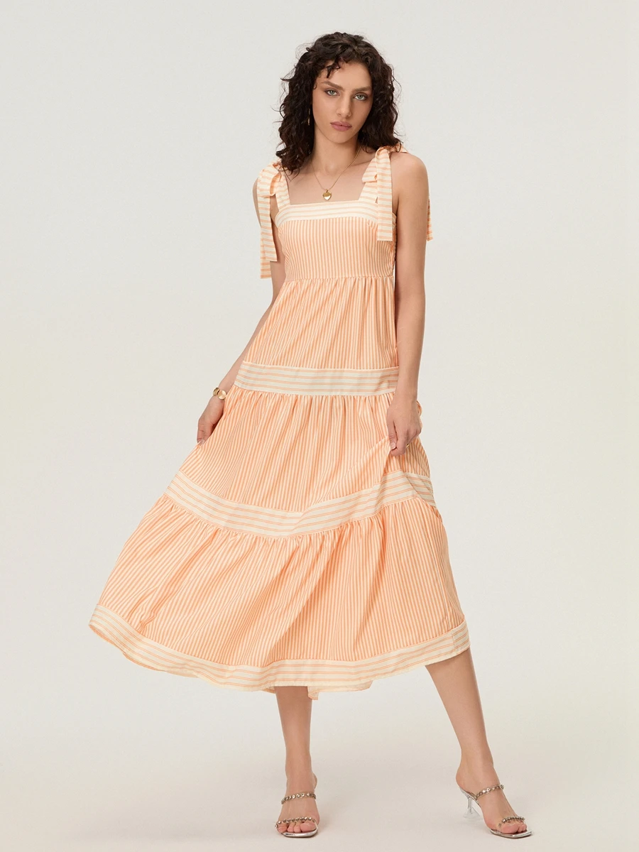 여성 롱 드레스 스트라이프 타이 업 숄더 스트랩 민소매 드레스 여름 캐주얼 캐미 드레스