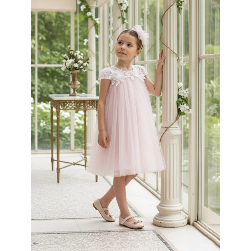 Customized Appliques Flower Girls Dress for Wedding 2026 Tulle Beaded Kids Gown Luxury Birthday Party First Communion Kids Gowns
