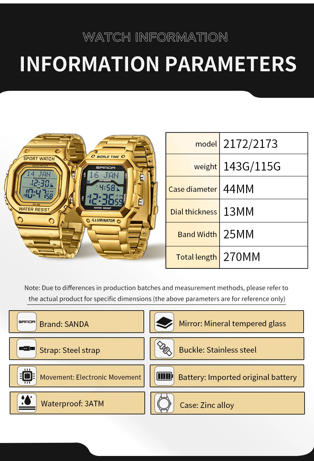 SANDA 2173 мужские электронные цифровые часы водонепроницаемые светодиодные многофункциональные таймеры обратного отсчета мужские электронные часы будильник