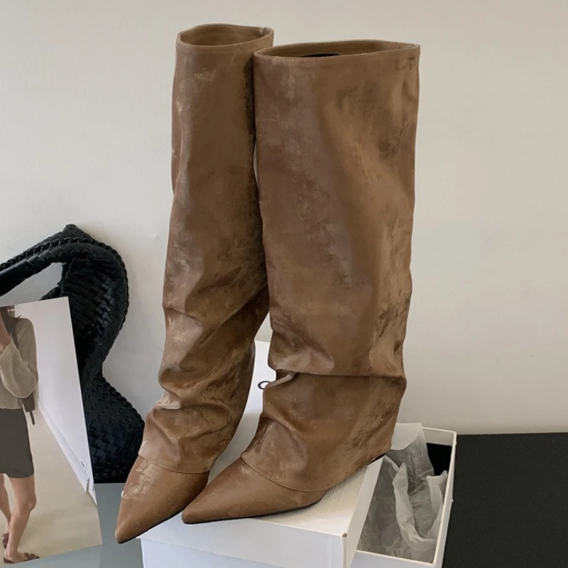 New Design Pleated Wedges Women Knee-High Boots Autumn Winter Pointed Toe Long Booties Fashion High Heels Ladies Shoes