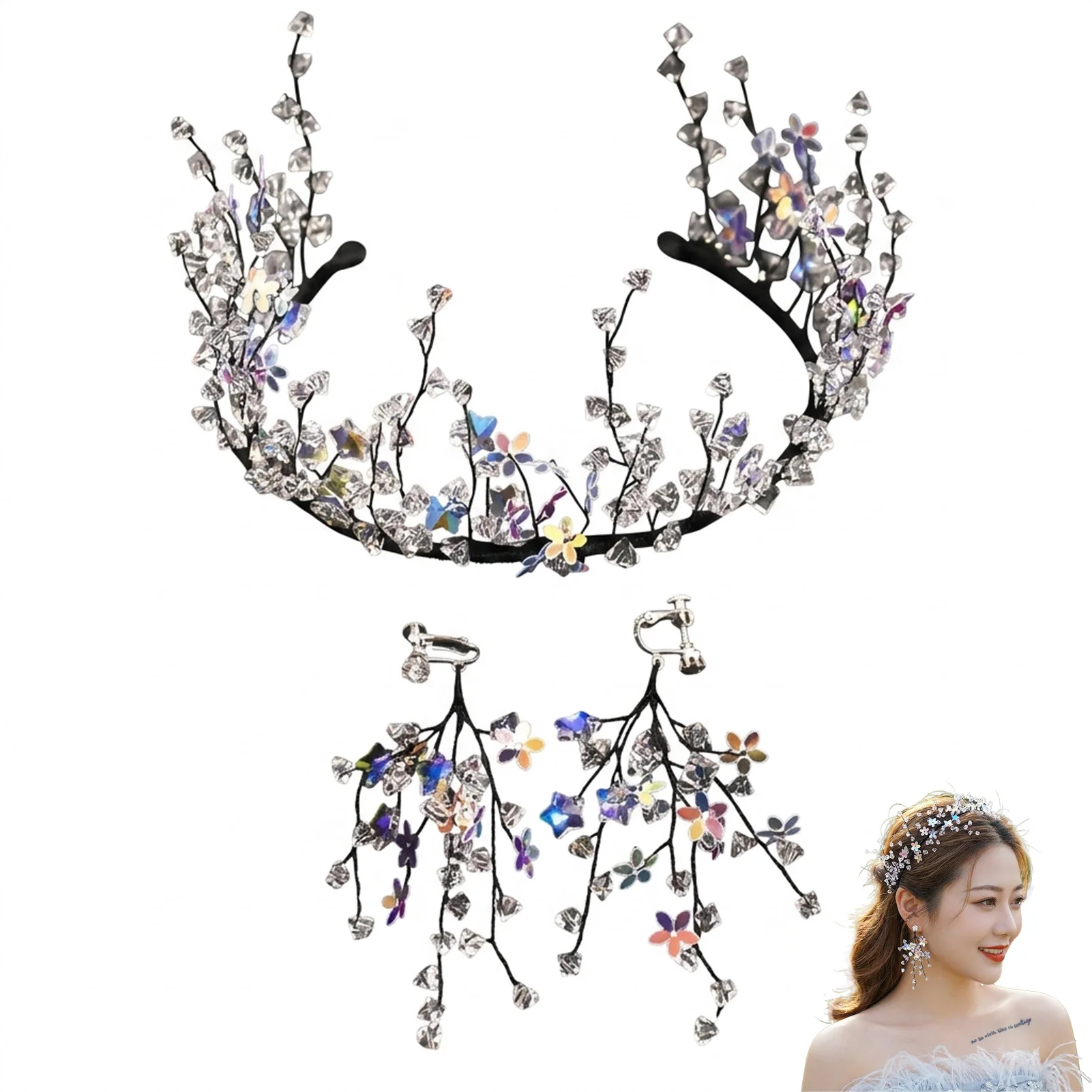 Bridal Crystal Hairband with Baby Breath Flower Design for Wedding and Forest Theme Party