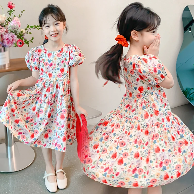 3-8Y Sweet Flower Girls Princess Dress Girls Short Puffy Sleeves Printing Dress Summer Puff Sleeve Floral Girl Casual Dresses