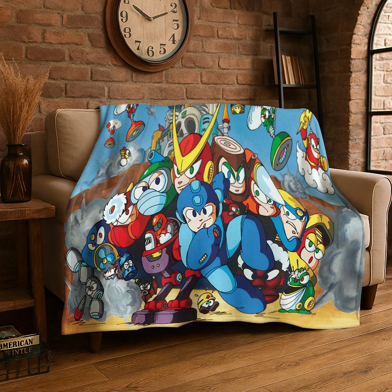 Retro Rockman Mega Man Game Cartoon Flannel Blanket Soft Warm Throw Blanket for Bedroom Living Room Bed Travel Camping Picnic