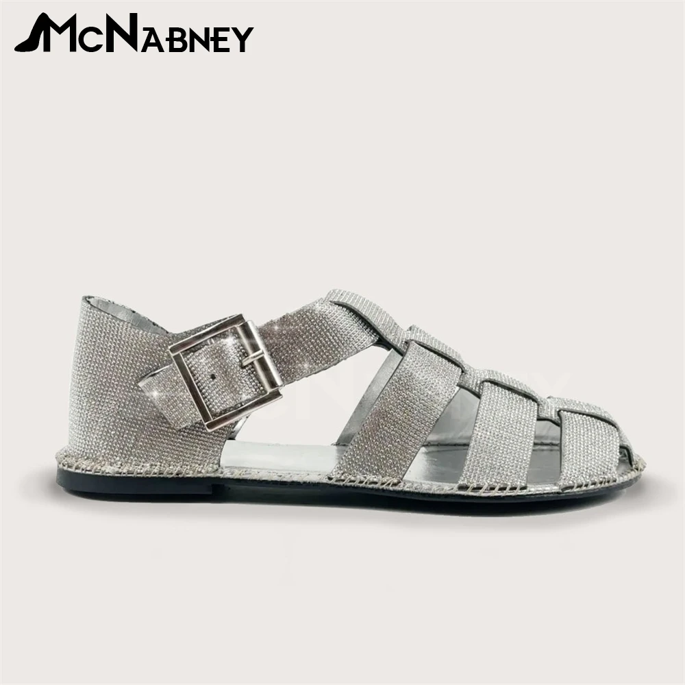 Luxury Silver Full Rhinestone Flat Sandals Round Toe Braided Crystal Buckle Gladiator Ankle Buckle Fashion Style Handmade Sandal