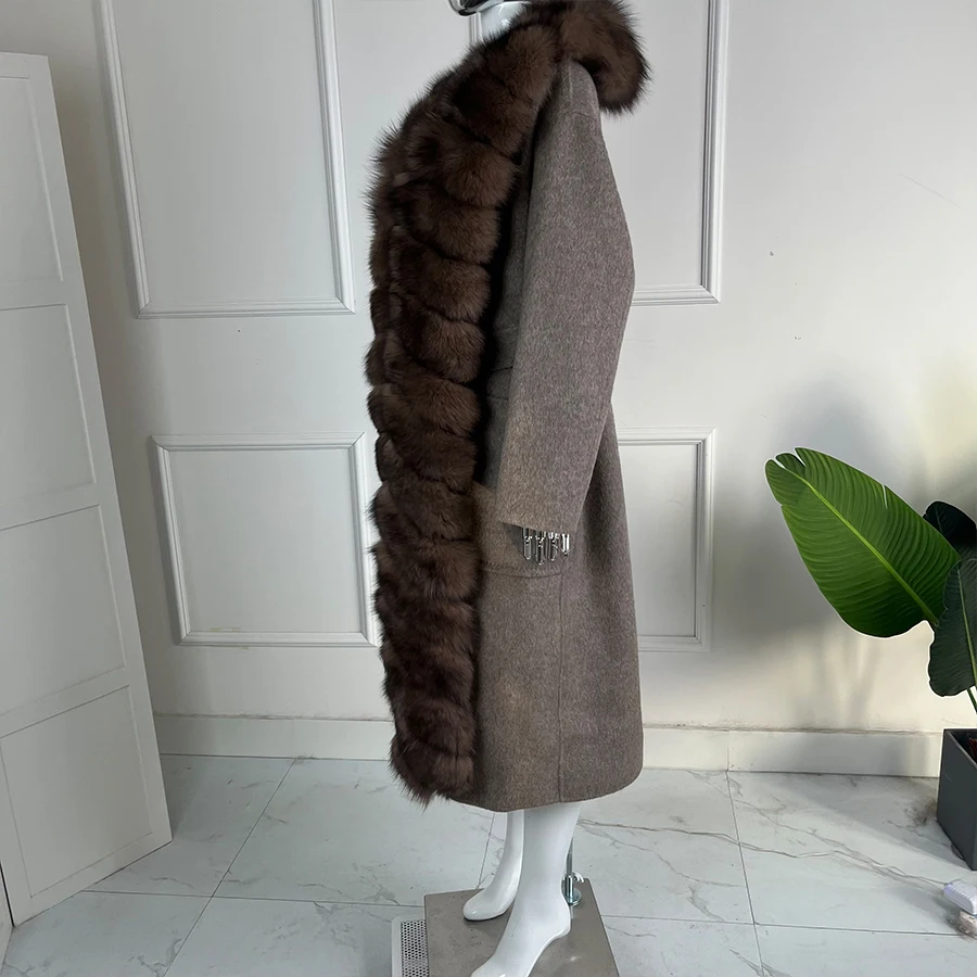 Luxury Wool Trench Coats ที่ถอดออกได้ Fox Fur Collar ขนสุนัขจิ้งจอกจริง Jacket Lady ใหม่ในแจ๊กเก็ตฤดูใบไม้ร่วง