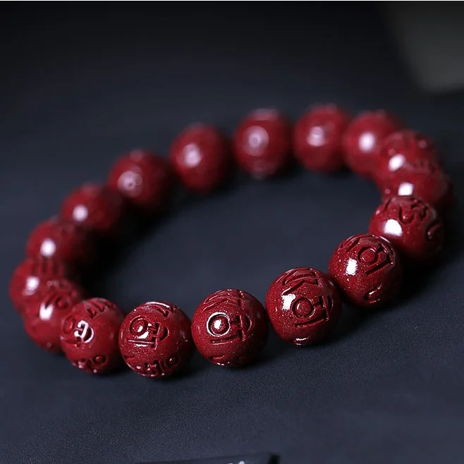 

5A Natural Cinnabar Six Word Mantra Buddha Bracelet Zinnober Genuine Vermilion