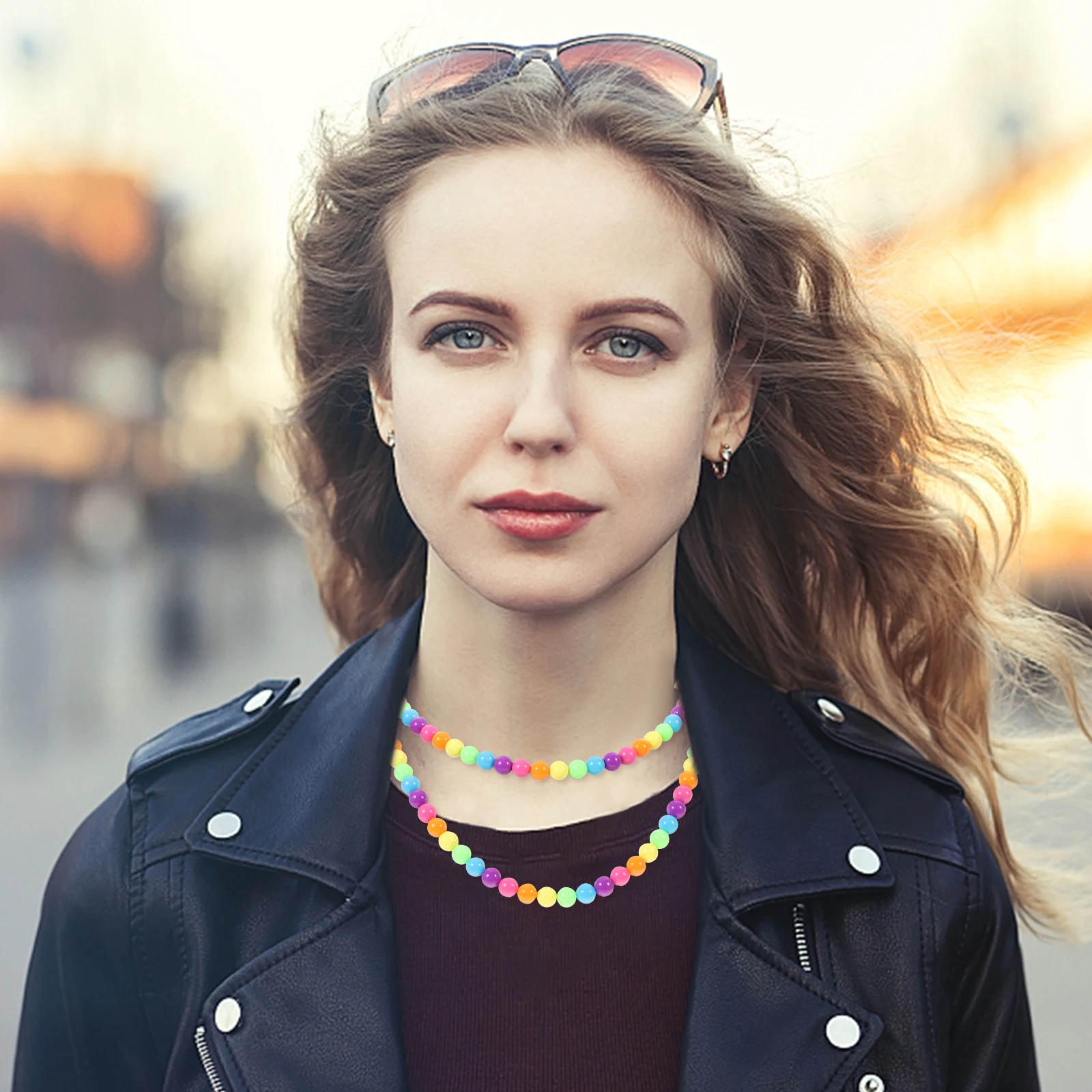

2pcs Rainbow Accessories Beaded Necklace Bracelets Plastic Lightweight Women Jewelry Kit Colorful Girl Necklace Gifts