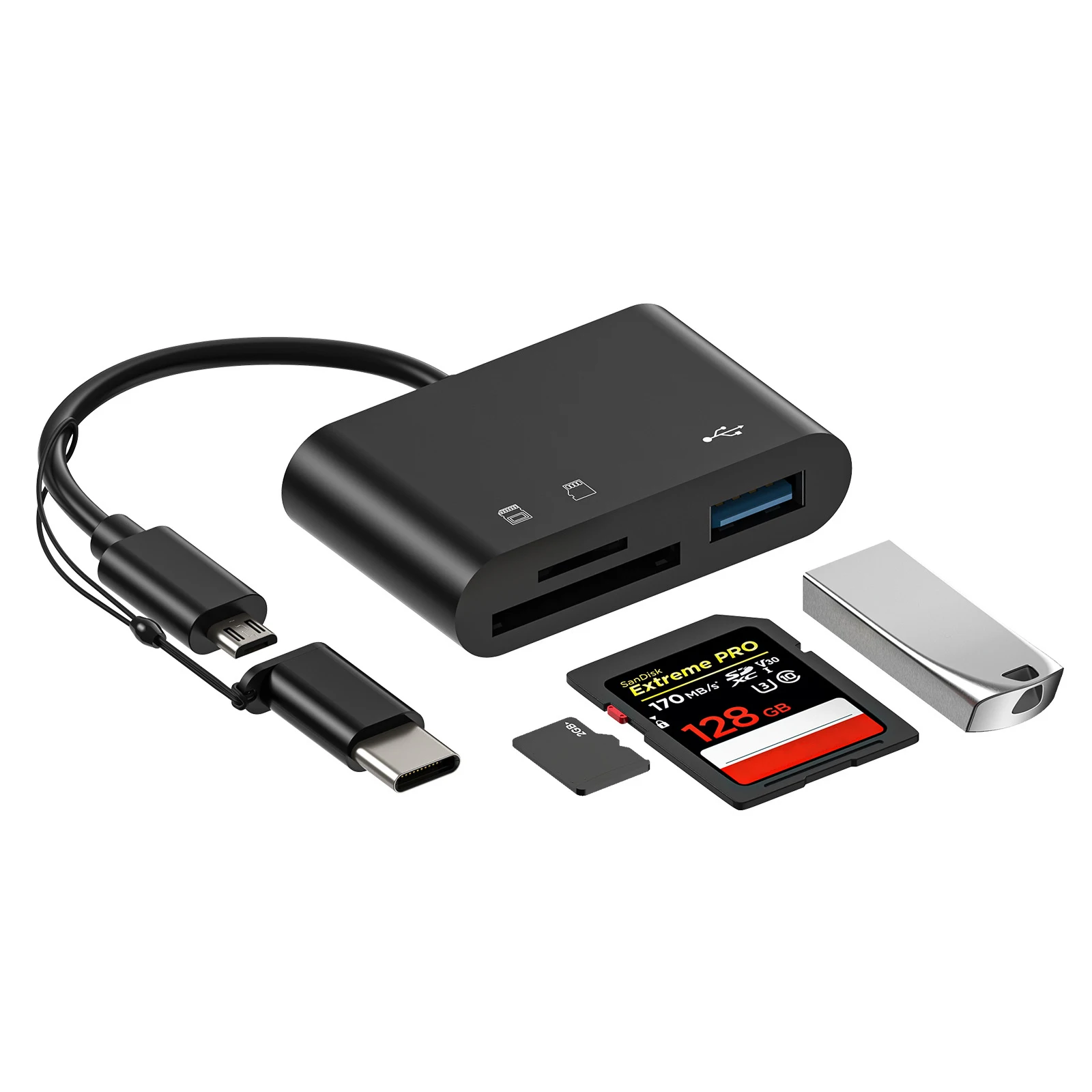 Micro Tipo C Leitor de Cartão, OTG Cabo USB, U Adaptador de Disco, SD TF Card Adapter, 480Mbps Transmissão de Dados, 3 em 1