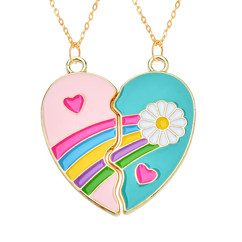 Peixin 2Pcs Colorful Enamel Rainbow Unicorn Butterfly Heart Best Friend Pendant for Women\'s Necklaces Valentines Gift Jewelry