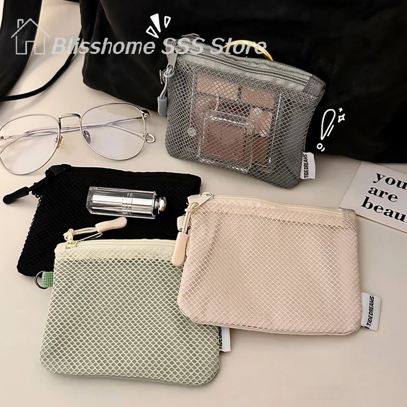 【S】New Travel Makeup Storage Bags Mesh Coin Purse Simple Port Mini Bag Multi-purpose Square Bag Double-layer Zipper Card