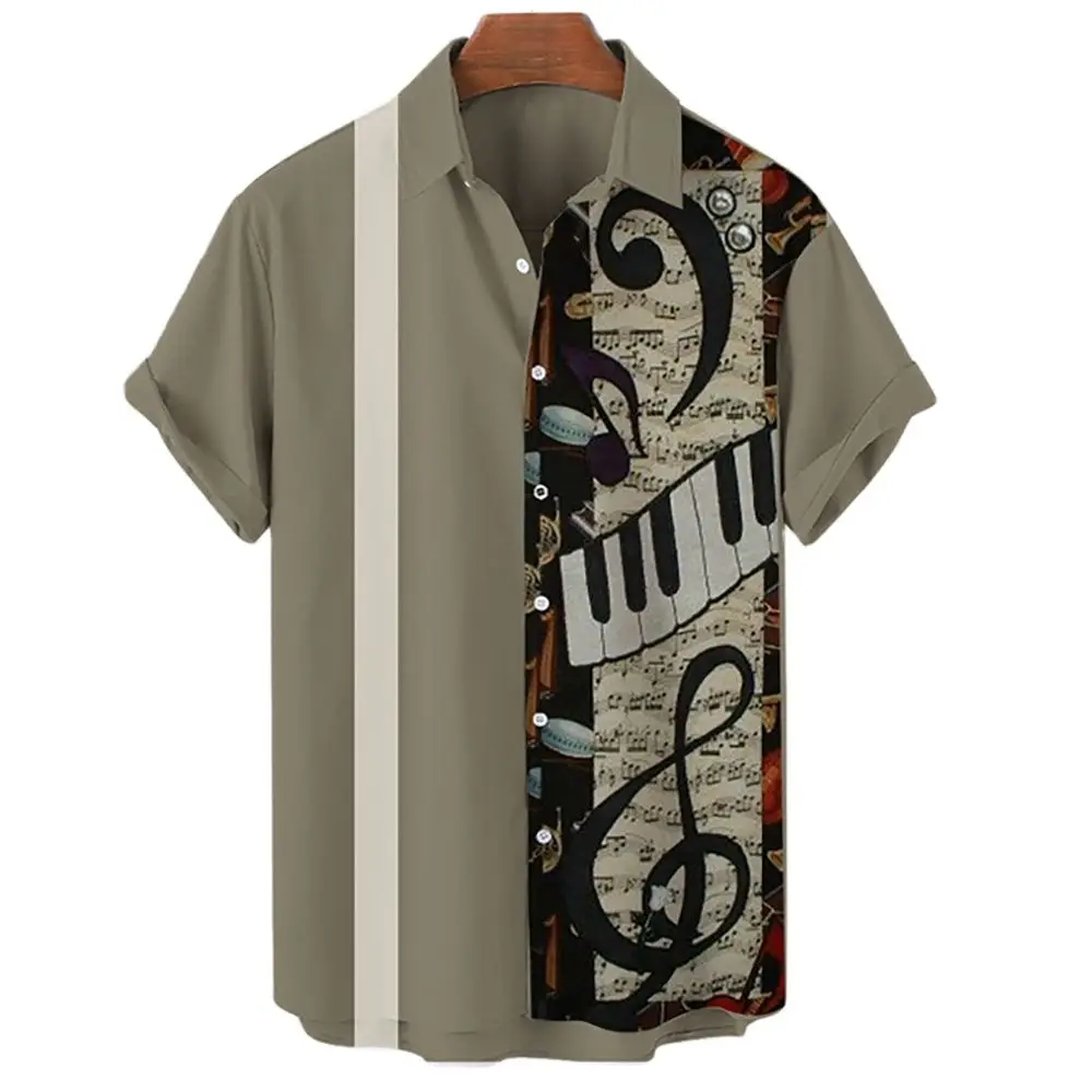 Camisa informal hawaiana para hombre, camisa de manga corta para playa, camisa con estampado de instrumentos musicales en 3D, solapa, un solo botón,