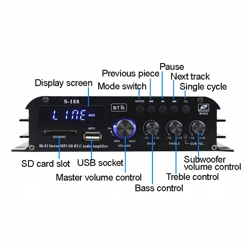 Speaker Power Amp HiFi Bass Stereo bluetooth Amplifier 40W+40W Bass Treble Control Music Player For Home Theater S188