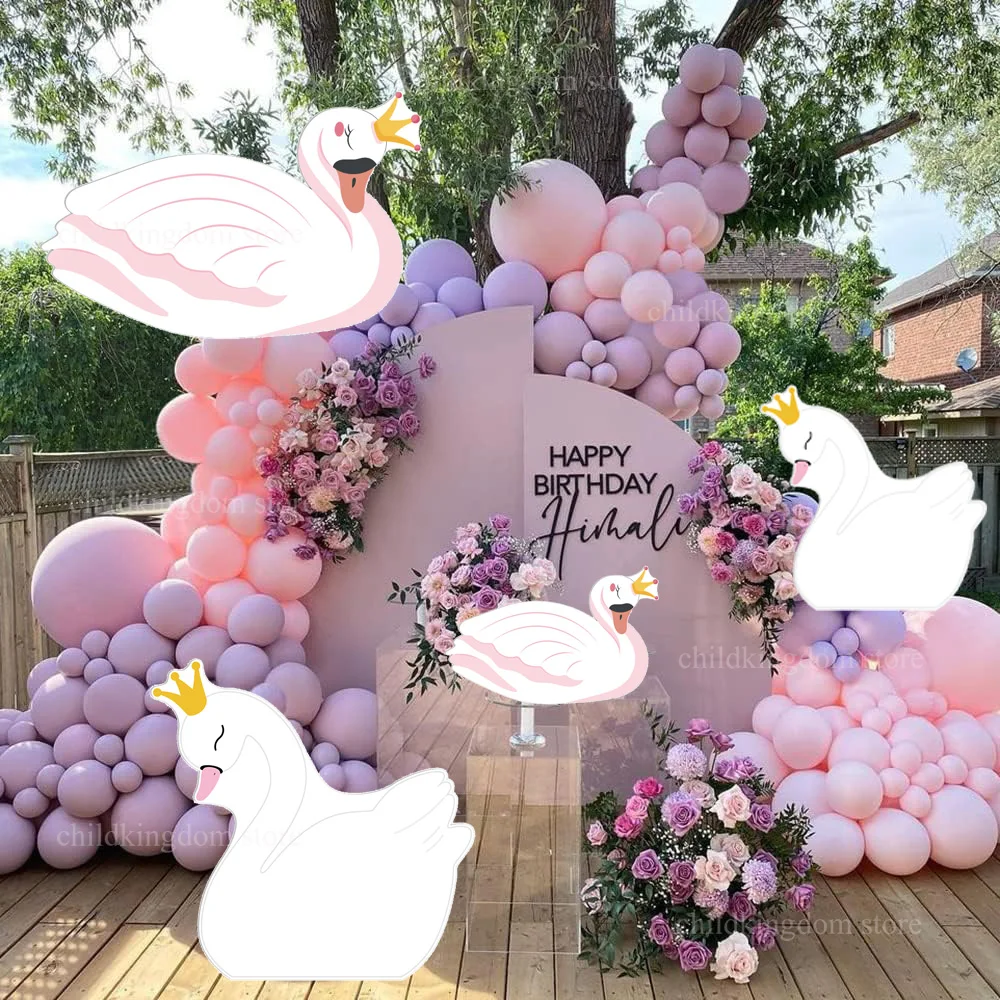 Pink Purple Balloons Garland Arch Kit Pink White Swan KT Board Cutouts for Girls 1st Princess Swan Birthday Baby Shower Decor