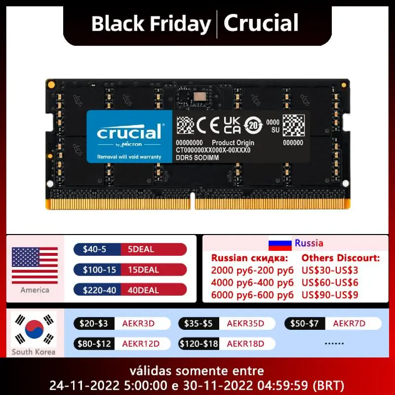 

New Crucial RAM DDR5 4800MHz 16GB 32GB CL40 Laptop Memory Original 16G 32G SODIMM Notebook aptop ram