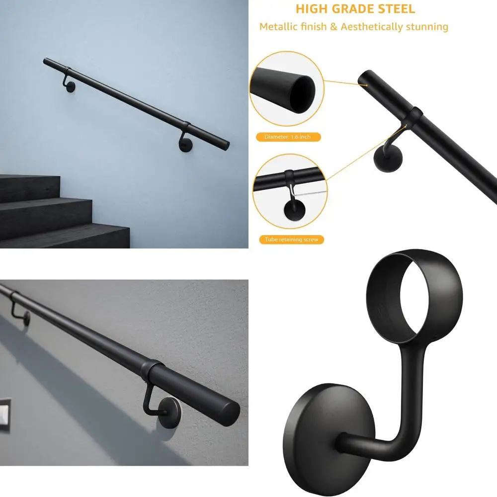 Rails d'escalier en métal, Rails à main en acier enduit de poudre noire de 3 pieds pour marches intérieures et extérieures, Rails de sécurité muraux