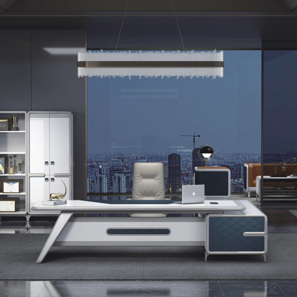 Multi-function Executive Table CEO Desk Manager Desk President Desk Modern Luxury Aircraft Modeling Glossy White L-shape