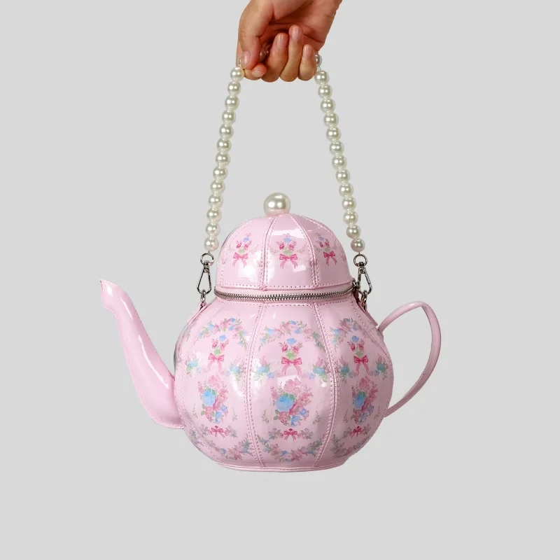 

Sweet Girl Retro Pearl Chain Printed Teapot Handbag Creative Single Shoulder Crossbody Bag Personalized Handbag