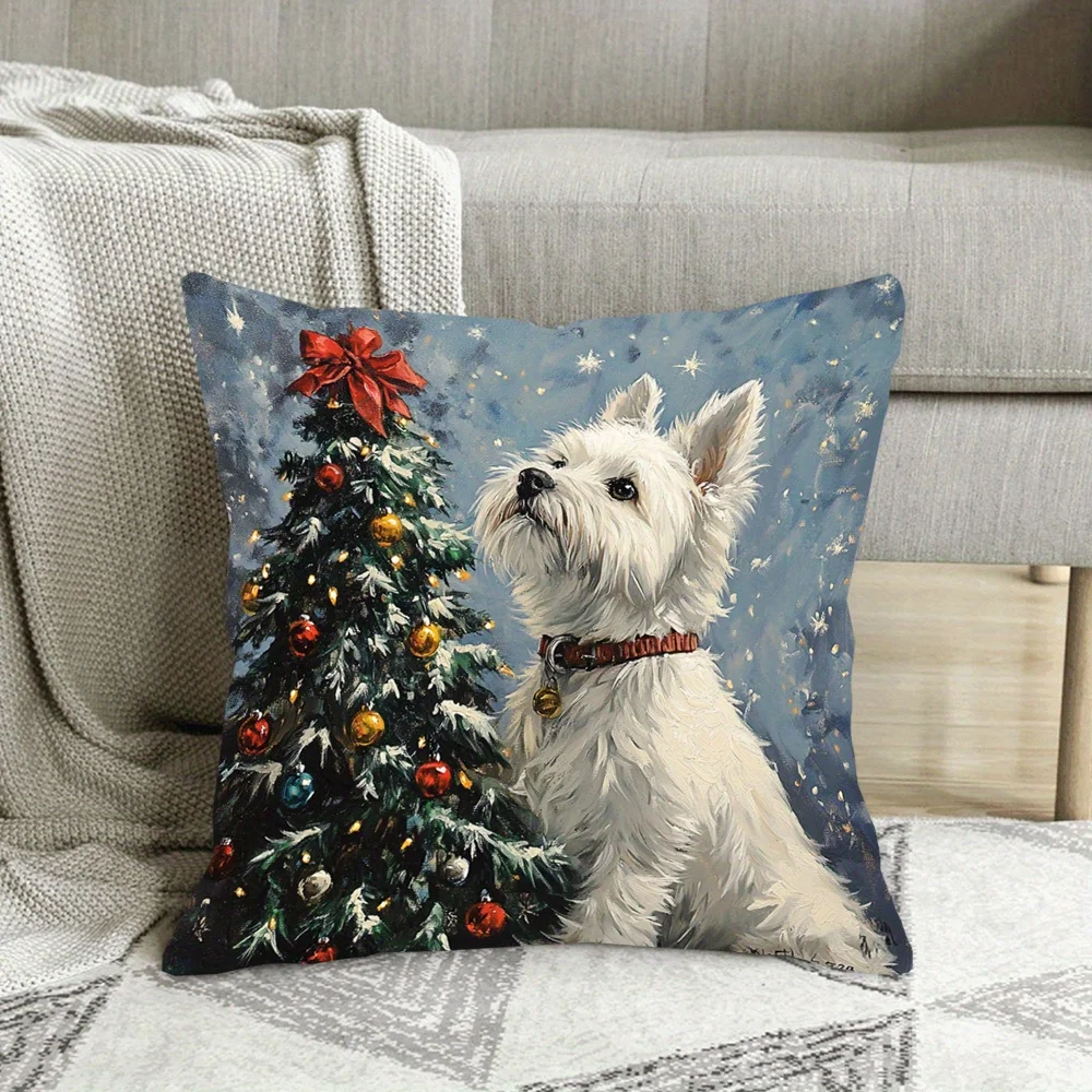 West Highland White Terrier Christmas Tree Double Sided Throw Pillow Cover Inspirational Cushion Case No Pillow Core