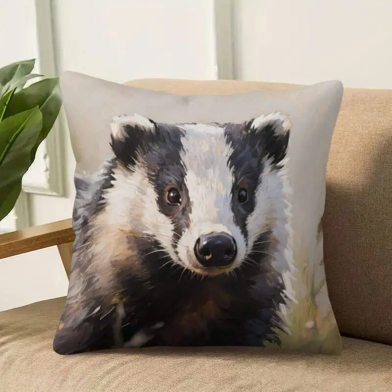 Cute Badger Portrait Throw Pillow Cover Animal Oil Painting Style Print Decorative Cushion Cover for Wildlife Lovers Home Decor