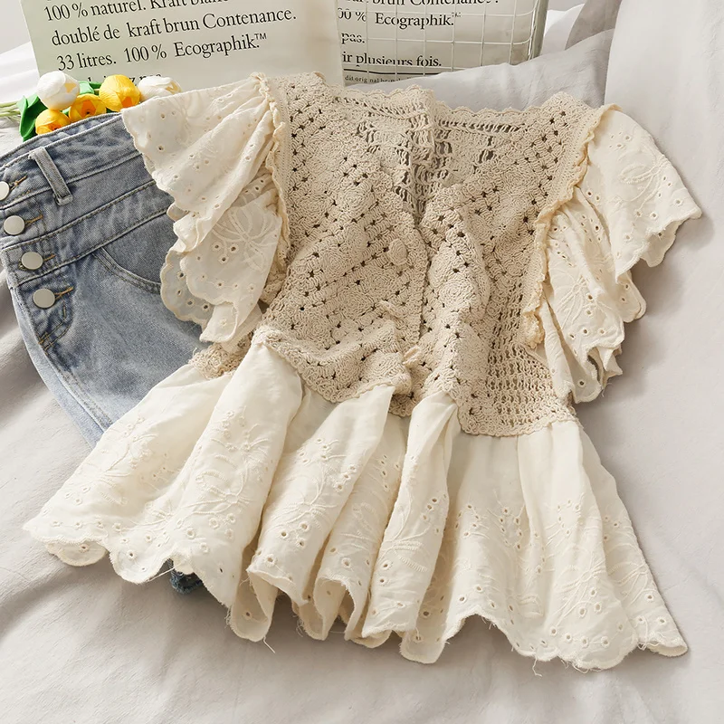 Lace for Girls 2023 Summer Loose Thin Short Sleeve Blouse Blusas Clothes for Women Tops Shirts Blouses