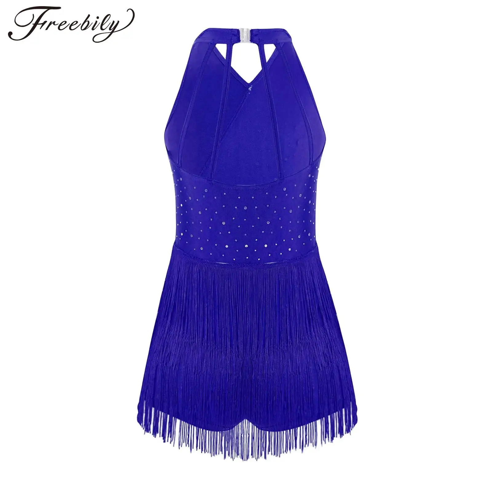 

Kids Girls Latin Dance Fringe Leotard Rhinestones Rumba Chacha Costume Tango Dancewear Halter V-neck Sleeveless Tassel Jumpsuit