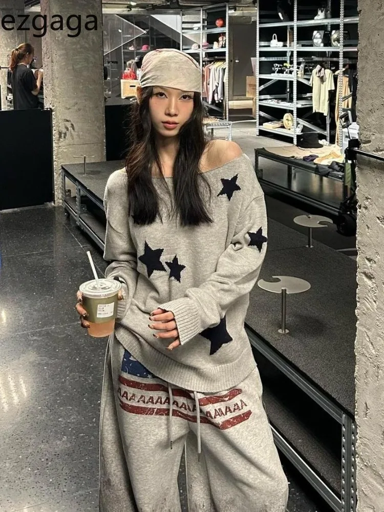 

Ezgaga женские футболки с диагональным воротником и открытыми плечами с принтом звезд, осень-зима, свободные винтажные топы в стиле гранж Y2k, эстетические топы в стиле Харадзюку