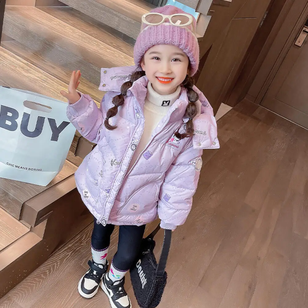 

Sanrio Kuromi милый пуховик для девочек, зимнее новое детское стильное милое детское длинное толстое зимнее пальто на белом утином пуху с героями мультфильмов