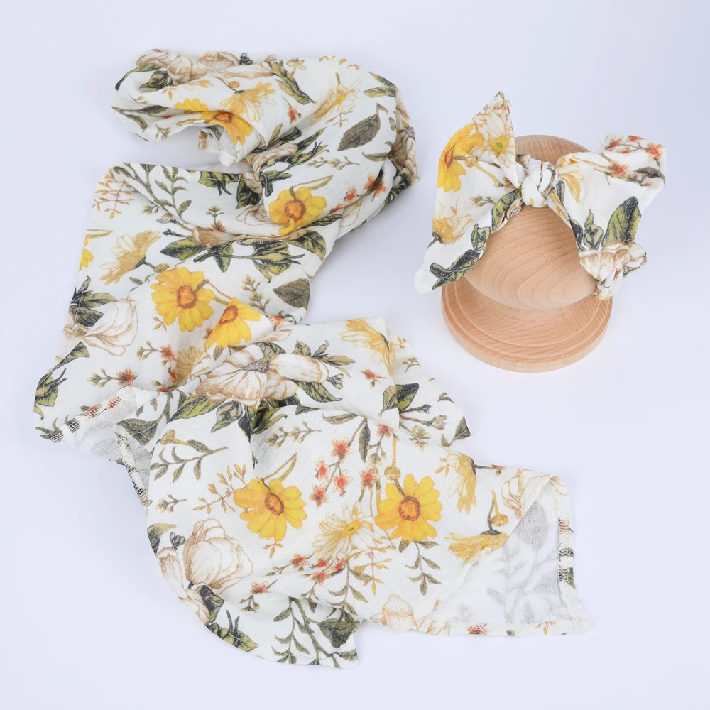 Floral Newborn Posing Fabric Blanket Wrap Headband for Photography Props Cotton Baby Floral Blanket Photo Shoot Newborn Backdrop