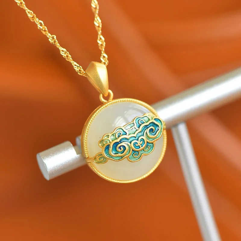 Natural Hetian jade white jade round necklaces new in enamel auspicious cloud fashion charm pendant wedding lady jewelry