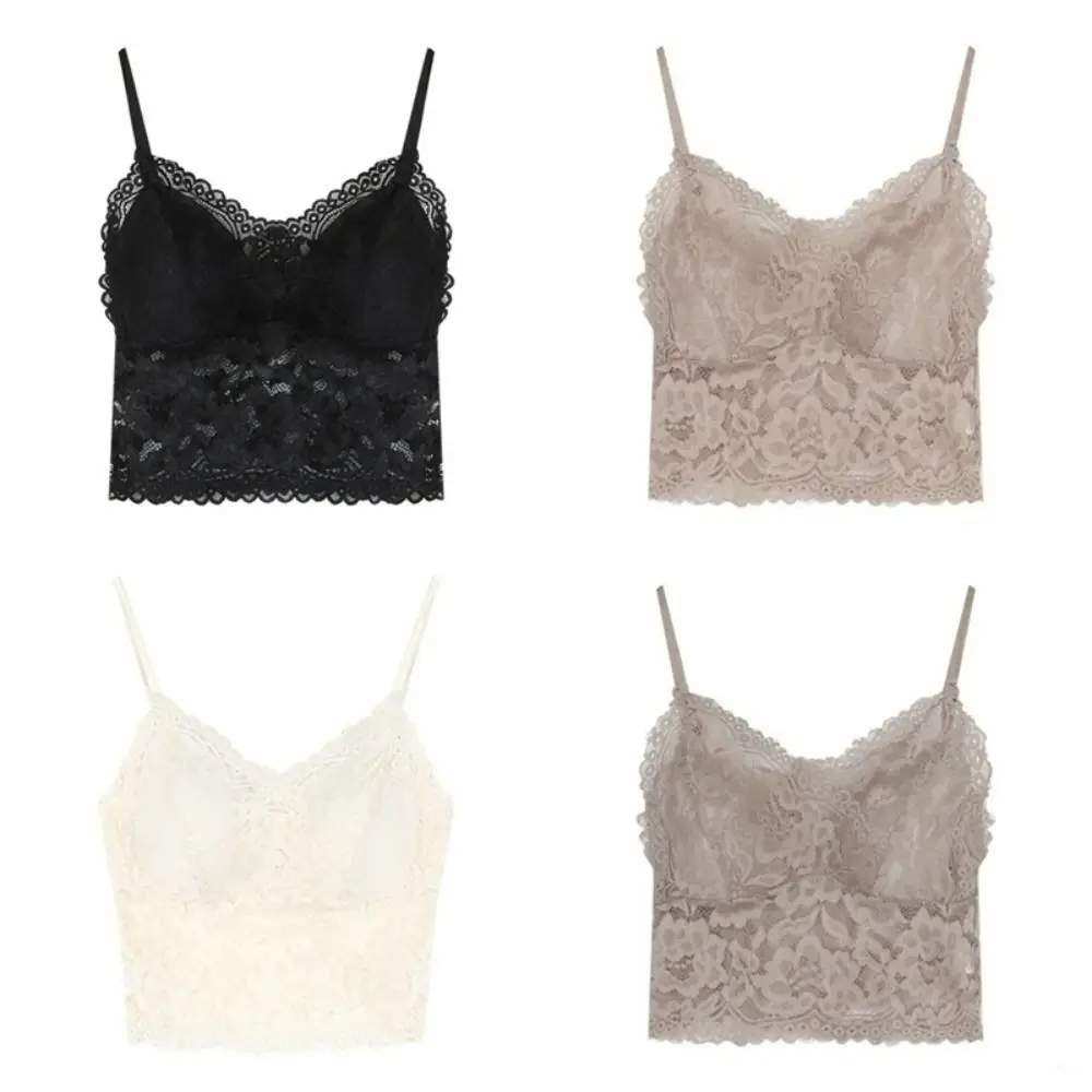 Top Corto de Encaje con Flores de Malla, Estilo Dulce para Primavera y Verano, Camiseta sin Mangas para Chicas, Estilo Picante, Camiseta Interior con Relleno