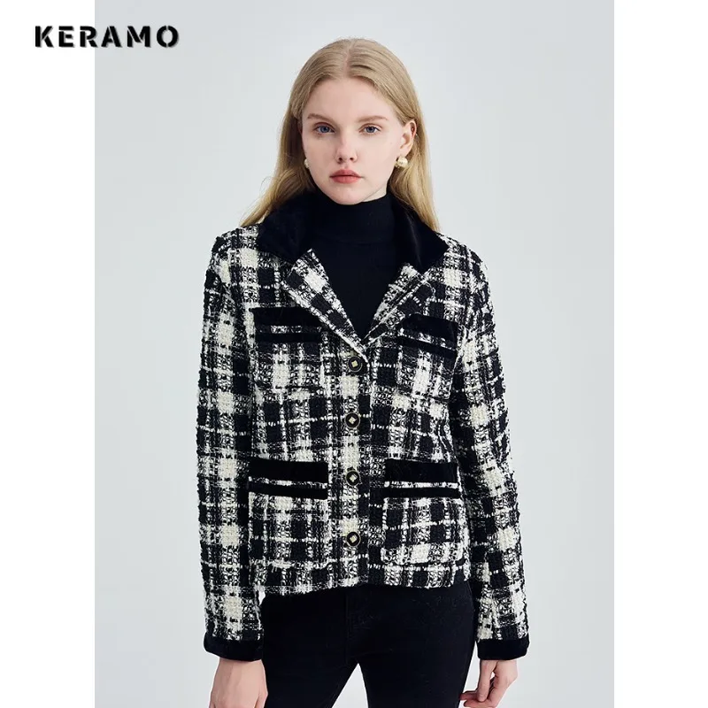 

2023 Autumn Winter Vintage Style Single Breasted V-Neck Loose Jacket For Women Office Lady Outerwear Fashion Luxury Plaid Coat