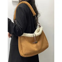 Lamb Wool Tote Bag Women's Autumn Winter Large Capacity Plush Shoulder Bag Fashion All-in-one Soft Underarm Faux Suede Handbag