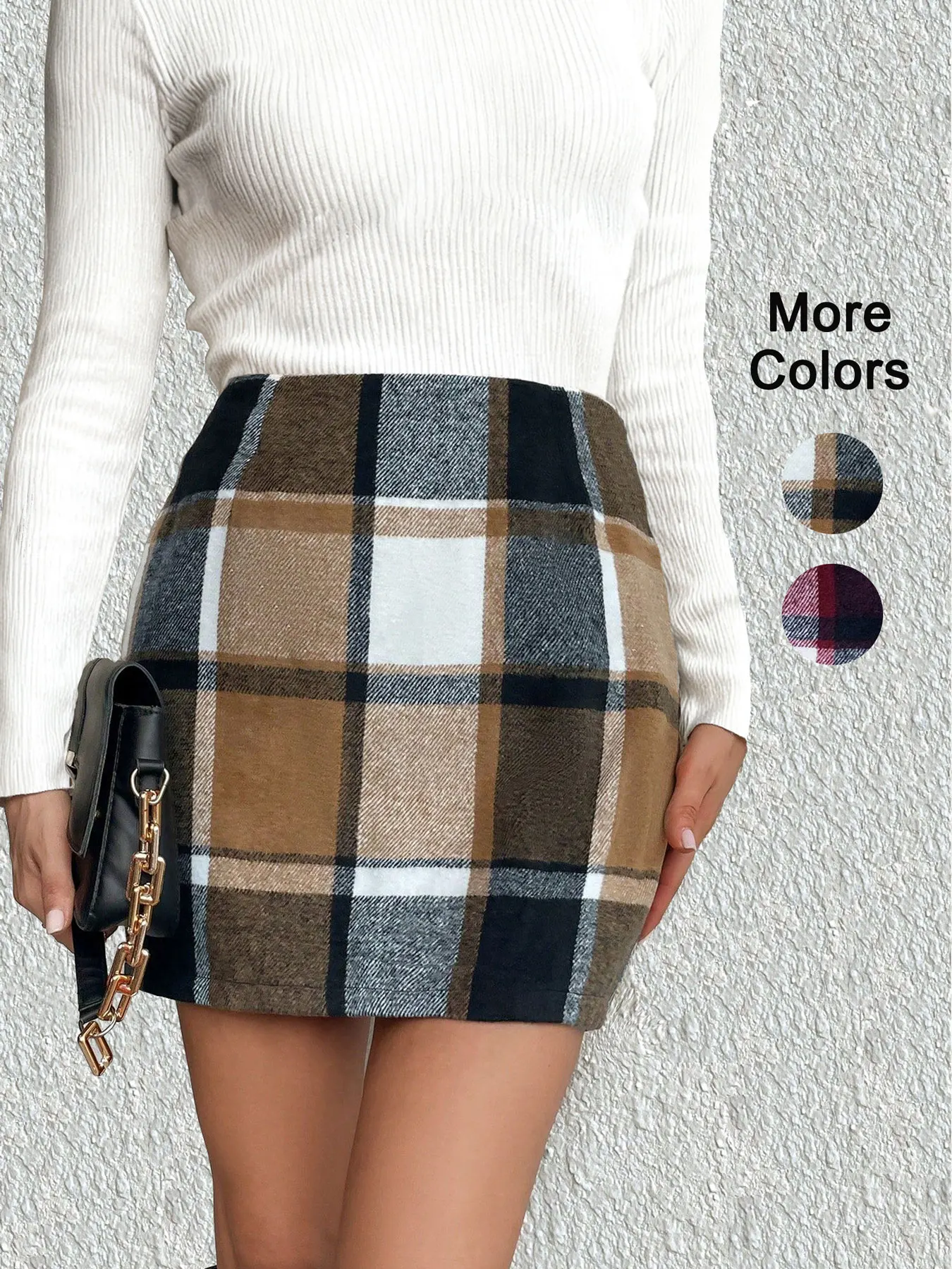 

Plaid printed short midi skirt, suitable for daily wear in autumn and winter.