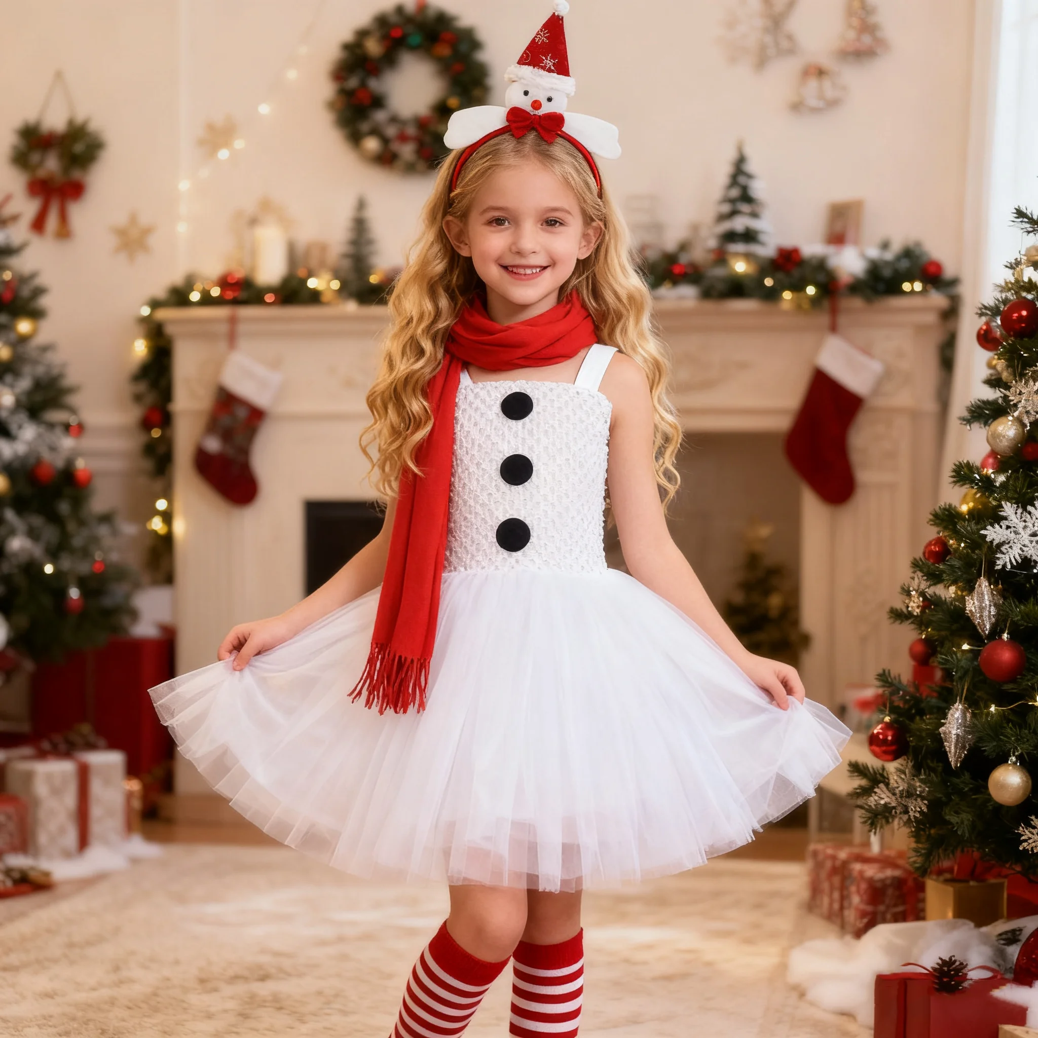 White Snowman Costumes for Girls Christmas Holiday Tutu Dress for Kids Xmas Carnival Clothes Children New Year Outfit with Scarf