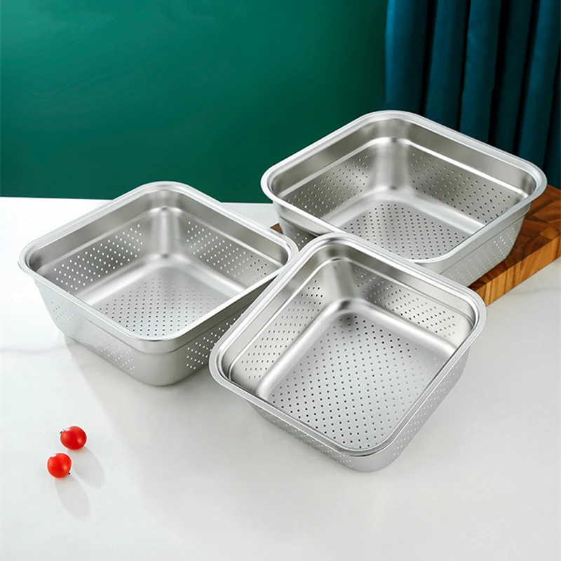 Stainless Steel Food Storage Tray Plates Drain Basin Fruit Vegetable Soup Pot Tableware Home Kitchen Organizer Utensils