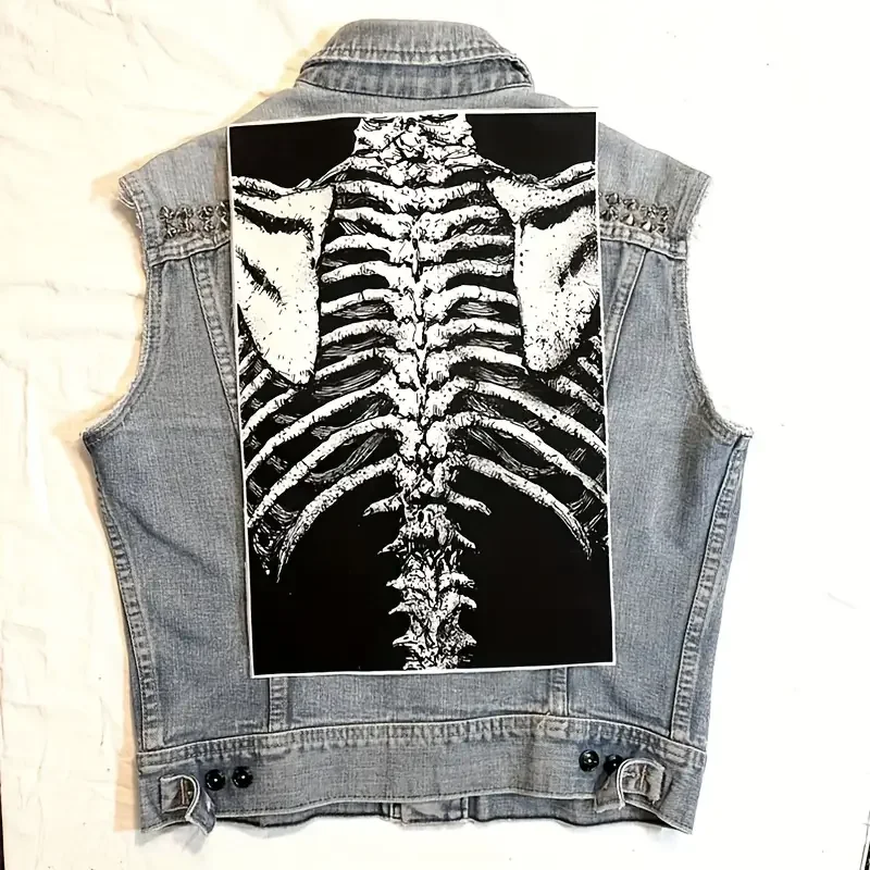 1PC Spine Skeletons Printed Large Back Patch Chest Radiograph Iron On Patches For Clothes Jacket Ribcage Bones Goth DIY Gift