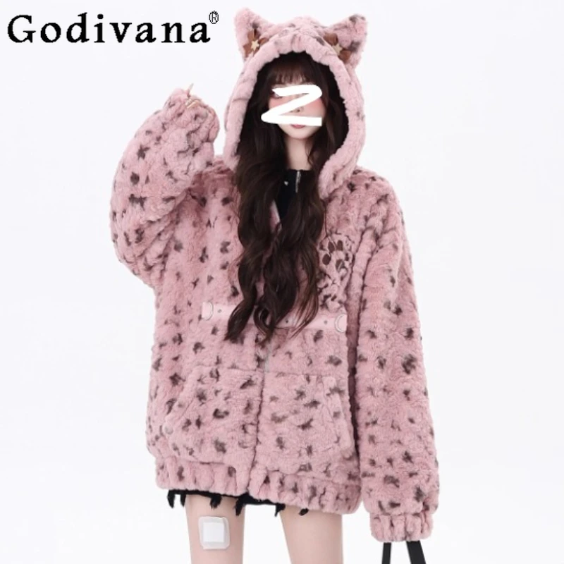 

Autumn Winter Fashion Versatile Loose Leisure Japanese Hooded Jacket Girl Sweet Bow Age Reduction Long Sleeve Thickened Coat