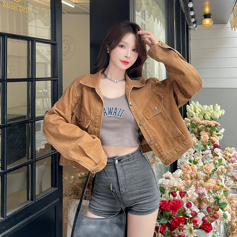 Spring Autumn Coffee Casual Women's Retro Single Breasted Lapel Loose Denim Jacket