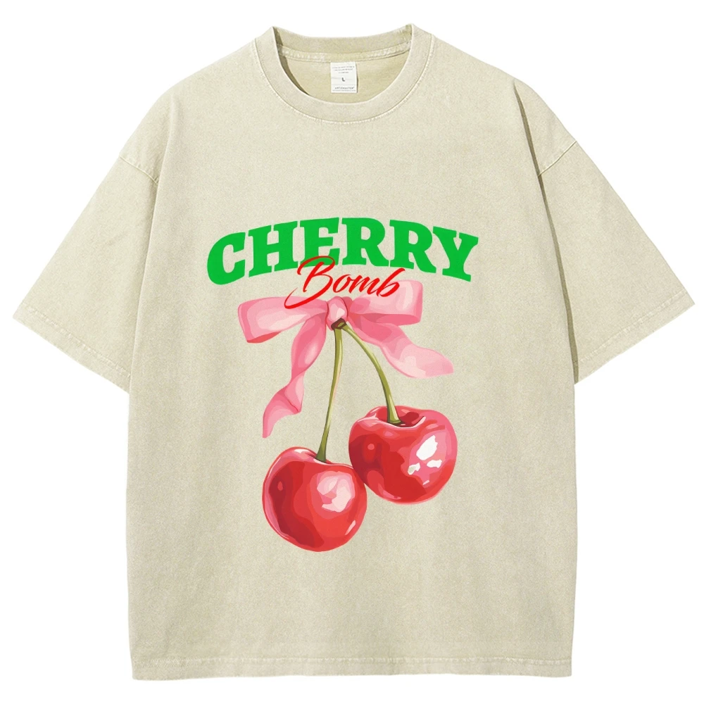 

Cherry Printed Graphic T-shirt Heavyweight 260GSM Washed Beige Y2K T Shirt Man Woman Clothing Pure Cotton Short Sleeve Tee